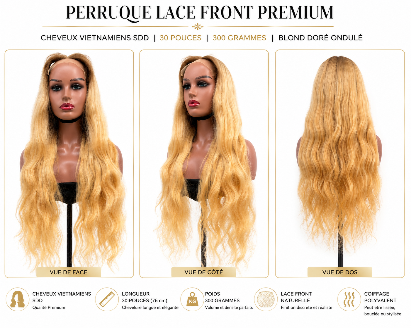 Perruque Lace Front Premium – Cheveux Vietnamiens SDD Blond Doré Ondulé | 30 Pouces | 350 Grammes